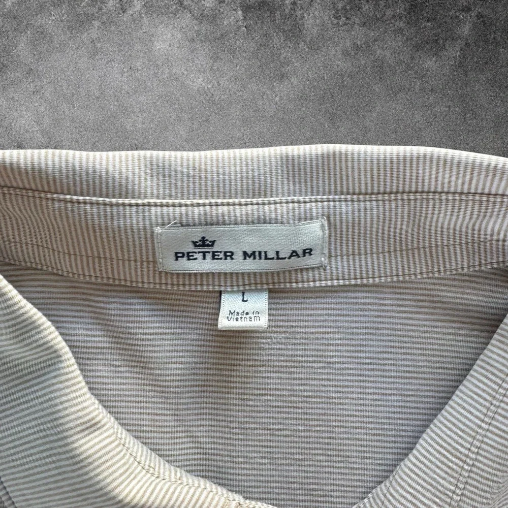 Peter Millar Polo Shirt Men Large Beige Striped Perf Golf Stretch Short Sleeve L